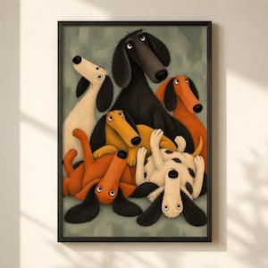 May include: A framed wall art print featuring a group of six stylised dogs with long ears and expressive eyes. The dogs are depicted in various colours including black, white, orange, and yellow, with one white dog featuring black spots.
