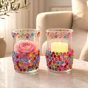 Bougeoirs en verre faits main avec strass – Bougeoirs multicolores ornés de bijoux (lot de 2)