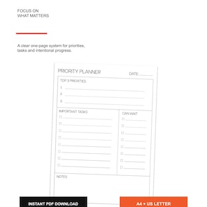 May include: A white printable priority planner page with black text featuring sections for top 3 priorities, important tasks, can wait items, and notes. The document includes the text PRINTABLE PRIORITY PLANNER, RUHRDESIGN, FOCUS ON WHAT MATTERS, and INSTANT PDF DOWNLOAD.