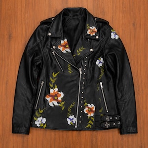 Women's Floral Leather Biker Jacket, Hand Painted Studded Moto Jacket, Genuine Leather Coat with Buckle Straps