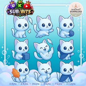 Chibi White Cat Twitch Sub Badges, Light Blue Feline Bit Emotes - Digital Stream Graphics | 18px to 112px