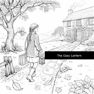 May include: A black and white line art illustration featuring a person walking on a stone path towards a cottage, carrying a suitcase and a lantern. The text "The Cozy Lantern" is displayed on a black rectangular banner in the foreground.