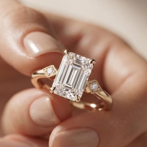 May include: A gold ring featuring a large emerald-cut center stone held by four prongs. The band includes two smaller round accent stones, each set within a diamond-shaped gold frame with milgrain detailing on the shoulders of the ring.