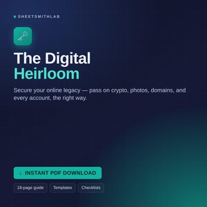 Könnte beinhalten: Eine digitale Produktgrafik mit dem Titel The Digital Heirloom von SHEETSMITHLAB. Sie zeigt ein Schlüsselsymbol, Text zur Sicherung digitaler Nachlässe sowie Schaltflächen für einen sofortigen PDF-Download, einen 18-seitigen Leitfaden, Vorlagen und Checklisten auf dunklem Hintergrund.