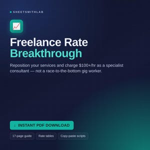 May include: A digital guide titled Freelance Rate Breakthrough by SHEETSMITHLAB. The dark blue graphic features a chart icon, text about charging $100+/hr, and buttons for an instant PDF download, a 17-page guide, rate tables, and copy-paste scripts.