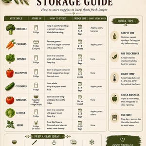 May include: A kitchen cheat sheet titled Vegetable Storage Guide by Alchemist's Oven. The chart provides instructions on how to store various vegetables, including broccoli, carrots, spinach, bell peppers, cucumbers, tomatoes, lettuce, and herbs.