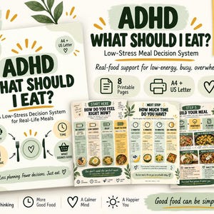 May include: A printable ADHD meal decision system guide featuring eight pages in A4 and US Letter sizes. The cover and interior pages include text, icons, and food illustrations with a green, yellow, and white color palette for meal planning.