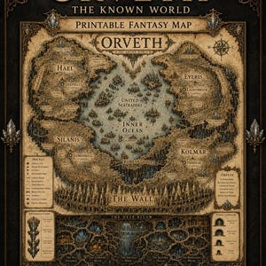 May include: A detailed fantasy map titled Orveth The Known World, featuring landmasses Hael, Eyeris, Silanis, and Kolmar surrounding an Inner Ocean. The map includes a compass rose, map key, subterranean layers, and text stating 3 print sizes included A3, A4, US Letter.