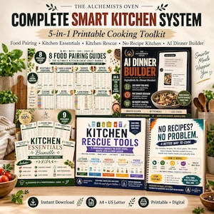 May include: The Alchemists Oven complete smart kitchen system is a 5-in-1 printable cooking toolkit. It includes 8 food pairing guides, an AI dinner builder, a kitchen essentials bundle, kitchen rescue tools, and a no-recipe cooking guide.