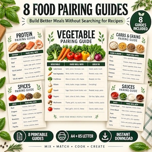 May include: A set of 8 food pairing guides featuring charts for vegetables, protein, carbs, grains, spices, and sauces. Each guide includes lists of ingredients and their compatible pairings with text headers like Vegetable Pairing Guide and 8 Food Pairing Guides.