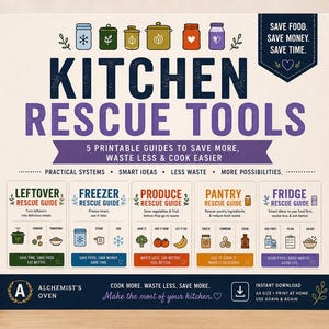 Op de afbeelding: Een vierkant bord met de titel Kitchen Rescue Tools met vijf printbare gidsen voor restjes, vriezer, verse producten, voorraadkast en koelkast. Het ontwerp bevat kleurrijke iconen en tekst over het efficiënt omgaan met voedsel en voorraad.