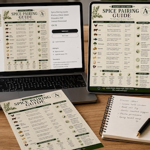 Könnte beinhalten: Ein Spice Pairing Guide als Küchen-Spickzettel, dargestellt auf einem Laptop-Bildschirm, einem Tablet und einem ausgedruckten Blatt. Das Dokument enthält eine Tabelle mit Lebensmittelkategorien, Gewürzkombinationen und Geschmacksprofilen.