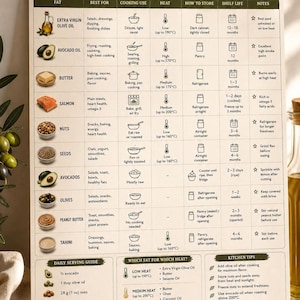 Könnte beinhalten: Eine rechteckige Informationstafel mit dem Titel Healthy Fats Cheat Sheet, die eine Tabelle mit Spalten für Fettarten, Kochverwendung, Hitzestufen, Lagerung und Haltbarkeit sowie einen täglichen Leitfaden und Küchentipps mit Symbolen enthält.