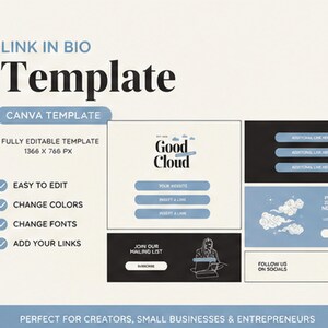 Puede incluir: Una plantilla digital Link in Bio para Canva con fondo crema claro y detalles en azul. El diseño incluye elementos de texto, marcadores de posición para botones y gráficos de nubes. Especifica dimensiones de 1366 x 766 px y funciones editables para colores, fuentes y enlaces.
