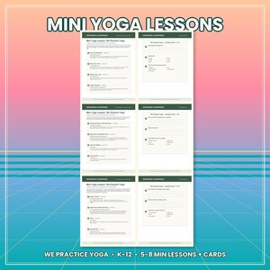 May include: A set of six printable sheets titled Mini Yoga Lessons, featuring instructional text for yoga poses and practice cards. The documents include the text Grounded & Growing, We Practice Yoga, and various pose names like Mountain Pose and Tree Pose.
