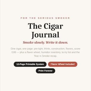 May include: A printable cigar journal featuring the text: For the serious smoker, The Cigar Journal, Smoke slowly. Write it down. Includes a 12-page system, flavor wheel, humidor inventory, to-try list, and year in smoke recap. Black and red buttons.