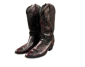Vintage 90s Dan Post Ostrich Leg Cowboy Boots Mens 10.5 D Vintage Black Cherry