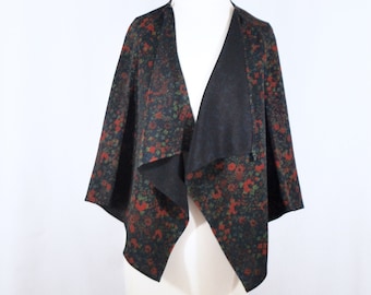 Vintage silk kimono Scarf Reversible purple & gray leaf and insect pattern and Dark green check pattern.