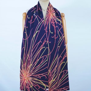 Vintage silk kimono Scarf 2 types of fabric with black base featuring chrysanthemum and small flower patterns, accented with red.