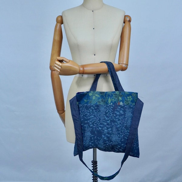 Vintage Kimono Fabric Tote Bag with Shoulder strap. Blue and green Jacquard flower Pattern.