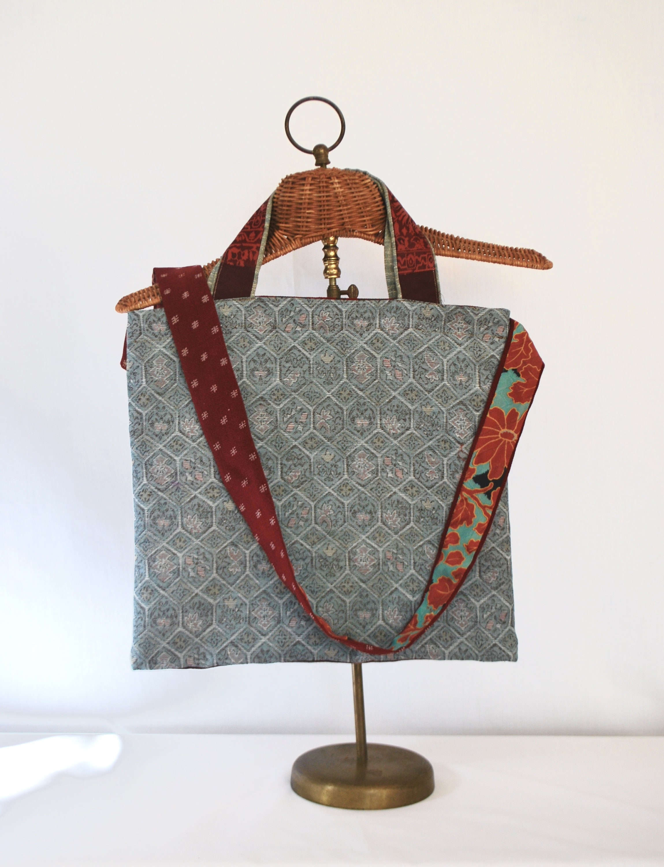 Tote bag. Vintage Japanese kimono fabric with a red bonded denim botto –  Bits and Totes