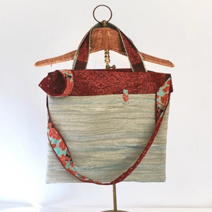 Vintage Kimono Fabric Tote Bag with Shoulder strap. Blue grey and dark red Jacquard flower Pattern