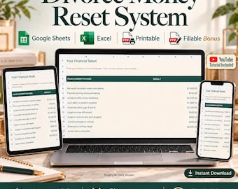 Può includere: Un sistema di pianificazione finanziaria digitale intitolato Divorce Money Reset System visualizzato su un computer portatile, un tablet e uno smartphone. Gli schermi mostrano un foglio di calcolo con colonne per Your Current Picture e Result.