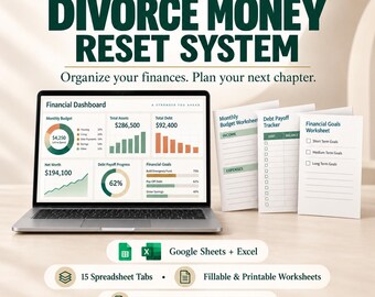 May include: A laptop displaying a financial dashboard with charts and data, alongside three printed worksheets titled Monthly Budget Worksheet, Debt Payoff Tracker, and Financial Goals Worksheet. Text includes Divorce Money Reset System.
