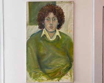 1970’s Oil Portrait of a Man Signed done in Green Colors