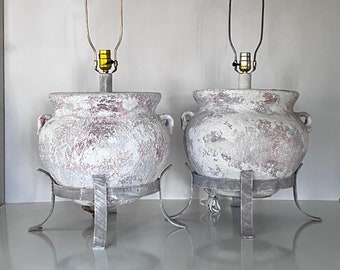 Large Pair of Wescal Vessel Urn Lamps on Metal Stands