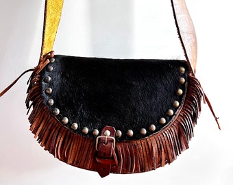 1970’s Handcrafted Leather Fringe and Cowhide with Brass Studs