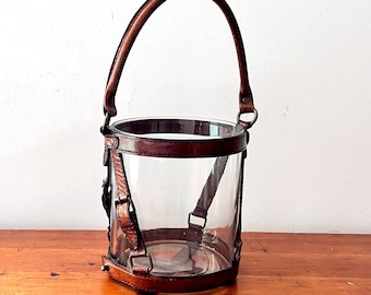 Jacques Adnet Style Ice Bucket Small in Leather and Glass