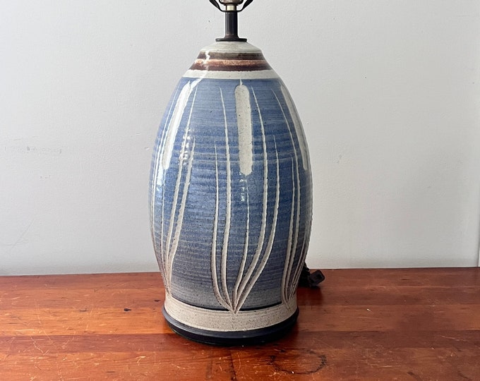 Studio Stoneware Blue Pottery Lamp With Incised Cattails Etsy