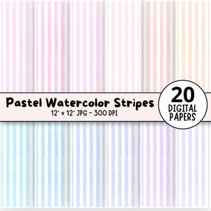 Puede incluir: Una colección de 20 papeles digitales con rayas verticales de acuarela en tonos pastel suaves. Una franja central blanca muestra el texto Pastel Watercolor Stripes, 12" x 12" JPG - 300 DPI, y un círculo con el texto 20 DIGITAL PAPERS.
