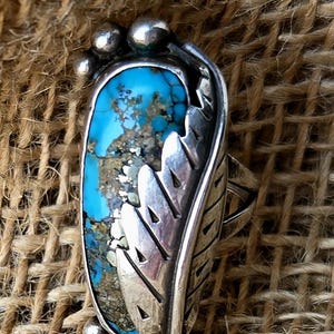 Pristine 1970s Vintage Navajo Statement Ring - Heavy Sterling Silver & Pyrite Matrix Turquoise - Original Owner