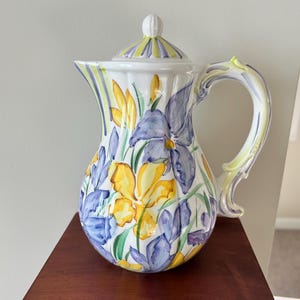 Vintage Italian Majolica Coffee Pot | Hand Painted Iris Floral Pitcher | MFA Boston Exclusive
