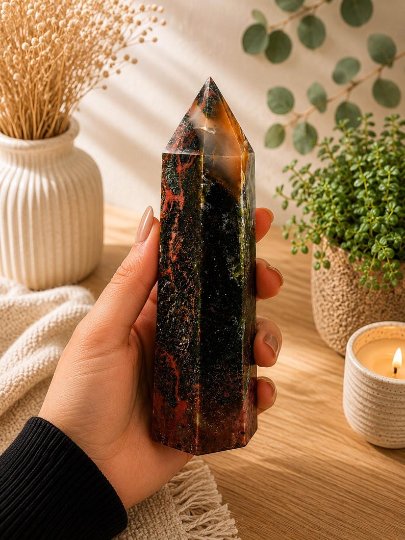 Puede incluir: Una torre de cristal hexagonal pulida con una base oscura y opaca en tonos verde profundo y negro, acentuada por inclusiones de color rojo vibrante y una punta transl&uacute;cida de color &aacute;mbar que capta la luz, mostrando patrones minerales naturales.