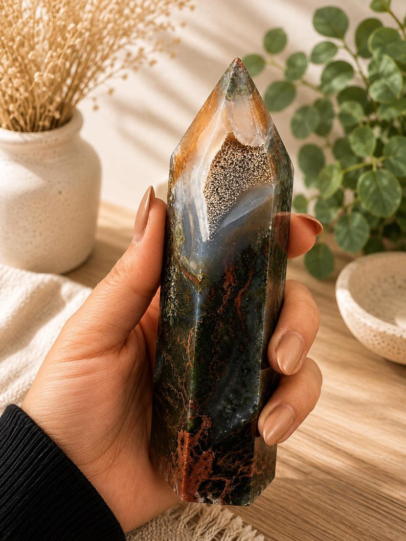 Puede incluir: Una torre de cristal hexagonal pulida que presenta una mezcla de tonos verde bosque profundo, marr&oacute;n terroso y &aacute;mbar transl&uacute;cido. La piedra muestra inclusiones complejas similares al musgo, bandas naturales y un &aacute;pice afilado y puntiagudo.