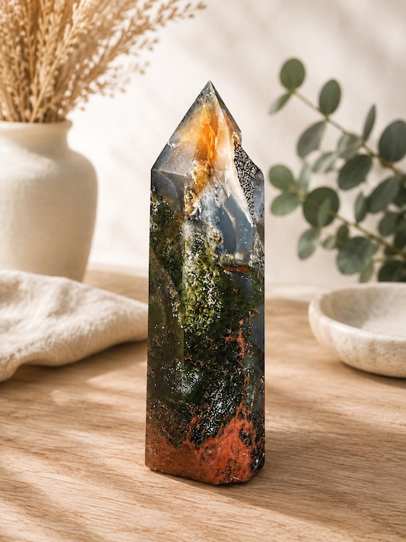 Ocean Jasper Tower, Dark Green Ocean Jasper Crystal Point, Orbicular Jasper Obelisk, Green Jasper Tower, Grounding Crystal, 339g