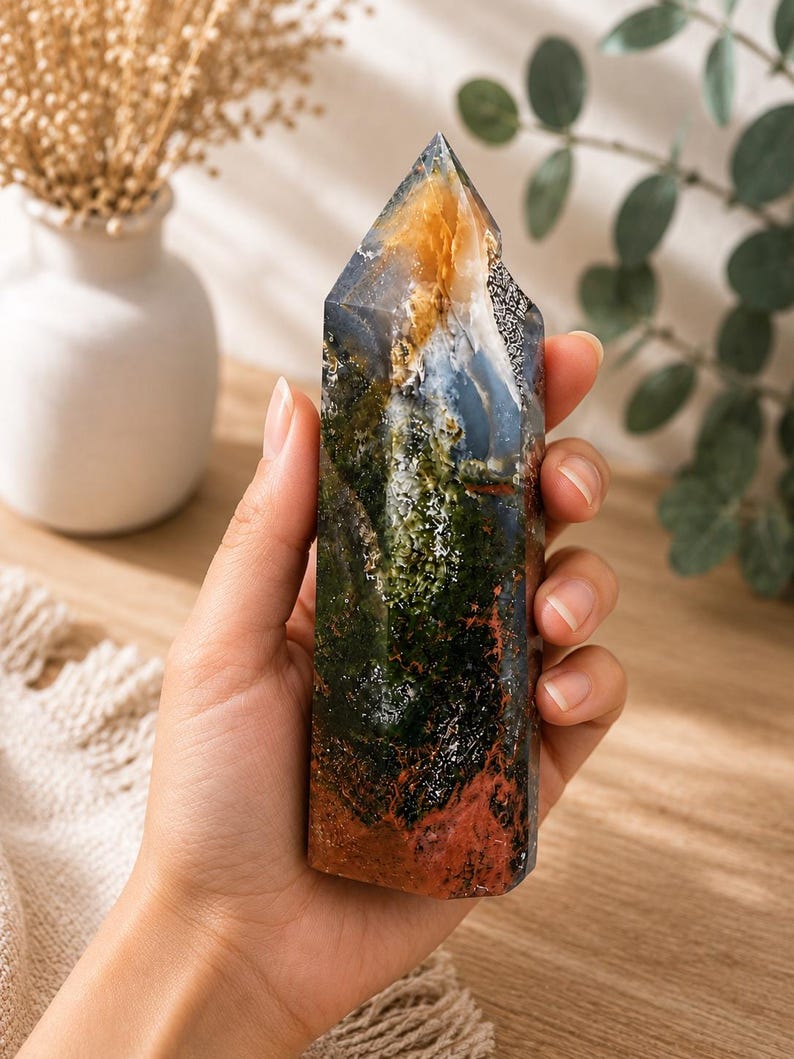 Puede incluir: Una torre de cristal pulido que presenta una compleja mezcla de colores, incluyendo verde bosque profundo, rojo terracota terroso, azul transl&uacute;cido y &aacute;mbar brillante. La piedra tiene una superficie lisa multifac&eacute;tica con inclusiones naturales.
