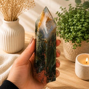 Puede incluir: Una torre de cristal de &aacute;gata musgo pulida con una punta hexagonal. La piedra muestra una mezcla de inclusiones de color verde bosque profundo, marr&oacute;n tierra y blanco transl&uacute;cido con una cavidad cristalina prominente cerca de la parte superior.