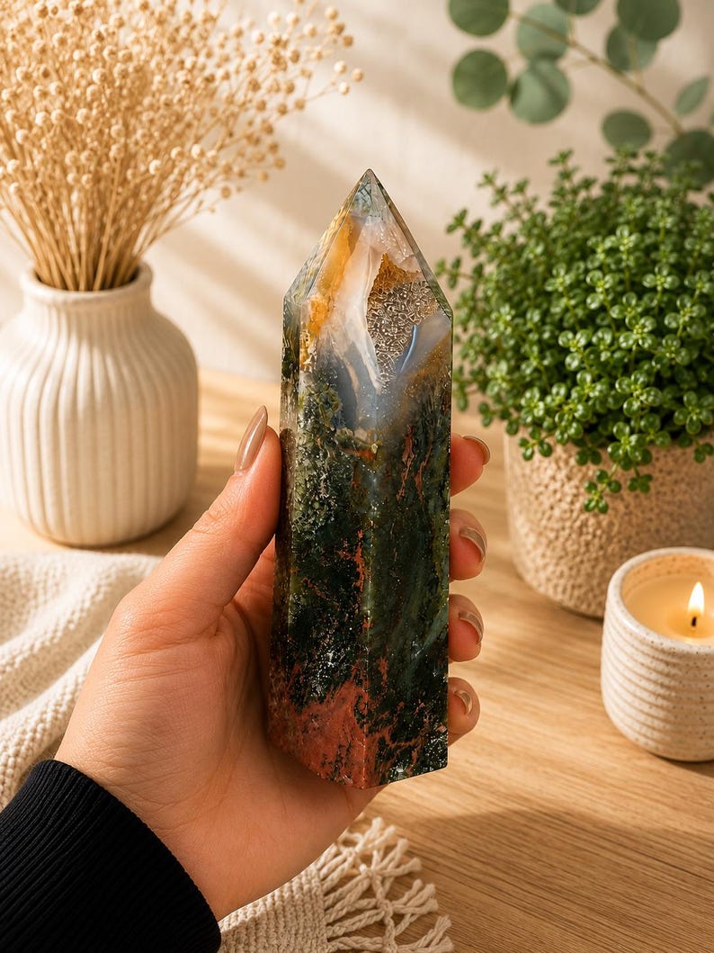 Puede incluir: Una torre de cristal de &aacute;gata musgo pulida con una punta hexagonal. La piedra muestra una mezcla de inclusiones de color verde bosque profundo, marr&oacute;n tierra y blanco transl&uacute;cido con una cavidad cristalina prominente cerca de la parte superior.