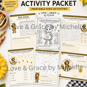 Pakiet aktywności dla dzieci "Bee Kind" do druku, arkusze ćwiczeń dla przedszkolaków "Grace the Bee", aktywności edukacyjne dla uczniów w domu, książka "Uprzejmość" w formacie PDF