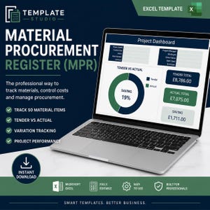 May include: A digital Excel template for a Material Procurement Register displayed on a laptop screen. The dashboard features a project summary, a tender versus actual donut chart showing 19% savings, and financial totals in British pounds.