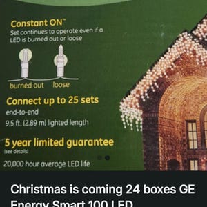 May include: A package of 100 LED icicle-style lights with Energy Smart technology. The box features text indicating a 9.5 ft. lighted length, a 5-year limited guarantee, and the ability to connect up to 25 sets end-to-end for constant operation.