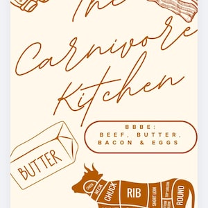 May include: A cream-colored poster featuring brown line art of bacon and a butter block. The text reads The Carnivore Kitchen and B B B E: BEEF, BUTTER, BACON & EGGS. A brown cow diagram displays various beef cuts labeled with text.