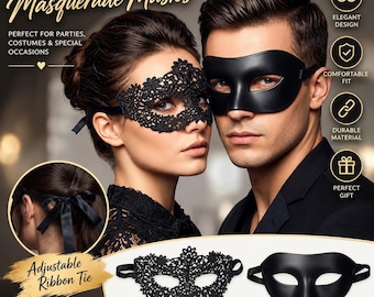 Elegant Lace & Matte Black Couple Masquerade Mask Set, Matching Party Accessories