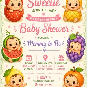 May include: A baby shower invitation featuring six infants dressed as fruit: strawberry, pineapple, watermelon, grape, lemon, and orange. The text reads: A LITTLE Sweetie IS ON THE WAY! PLEASE JOIN US FOR A Baby Shower HONORING Mommy-to-Be. Includes event details.