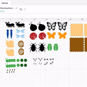 May include: A digital design interface titled Garden Critter Matching Game displaying various vector graphics including black ants, ladybugs, butterflies, snails, beetles, caterpillars, and light blue dragonfly wings, alongside tan and brown square tiles.