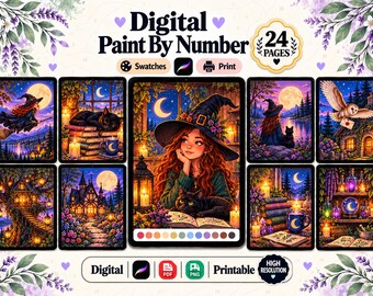 Procreate Paint By Number Bundle Cozy Witch Nights Coloring Pages Pbn for Ipad Easy Beginner Friendly